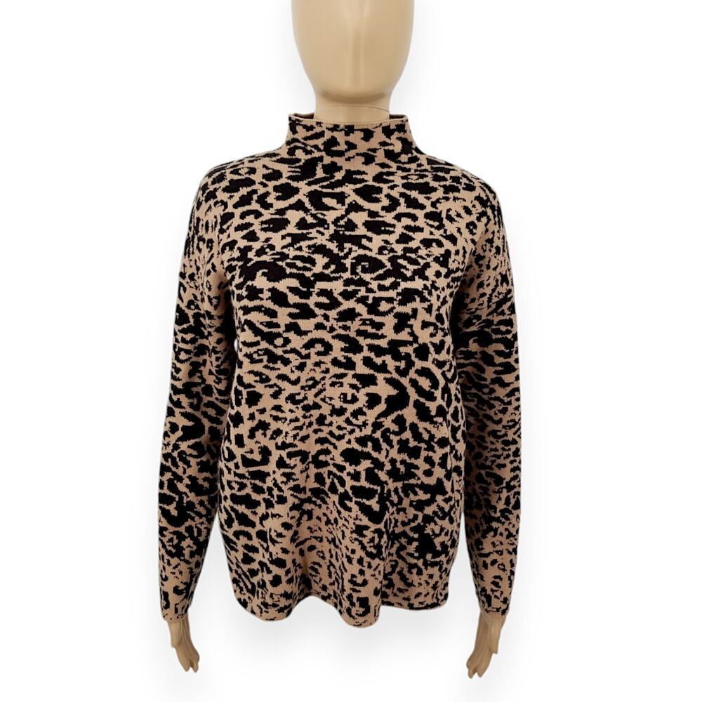 Tahari Brown Casual Animal Print Long Sleeve Mock Pullover Sweater Large